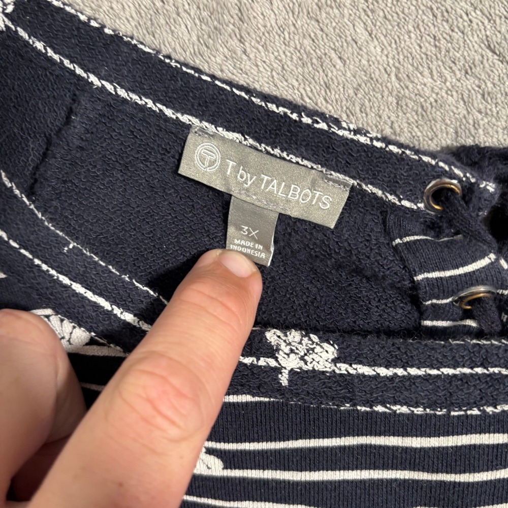 T by Talbots Navy Blue Striped Lace Up Back Tunic Top 3X Cotton Heavy Thick - Picture 3 of 15